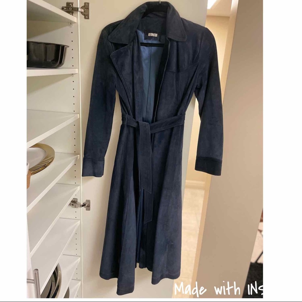 Reformation blue suede trench coat